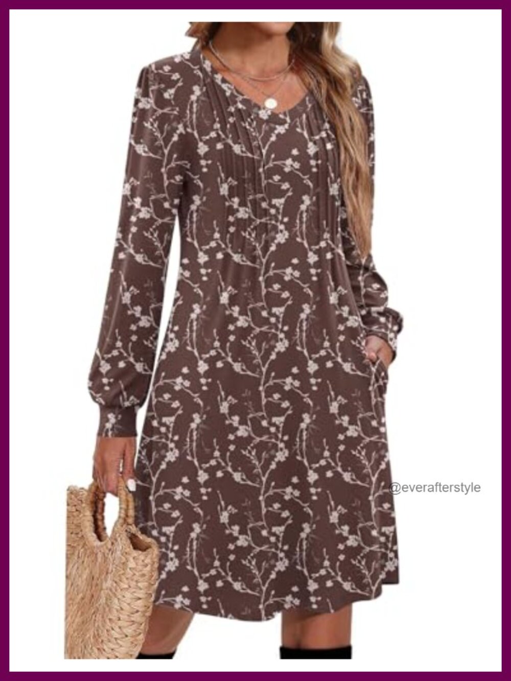 Women's Long Sleeve Pleated V Neck A Line Tunic Dress with Pockets